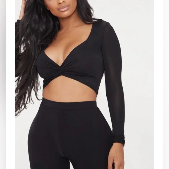 PrettyLittleThing Shape Black Slinky Twist Front Crop Top - Picture 1 of 5